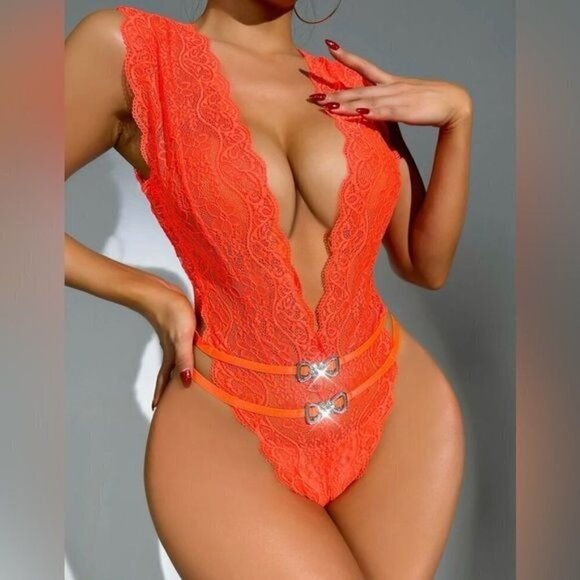 Orange Lace Teddy Bodysuit - Picture 2 of 5